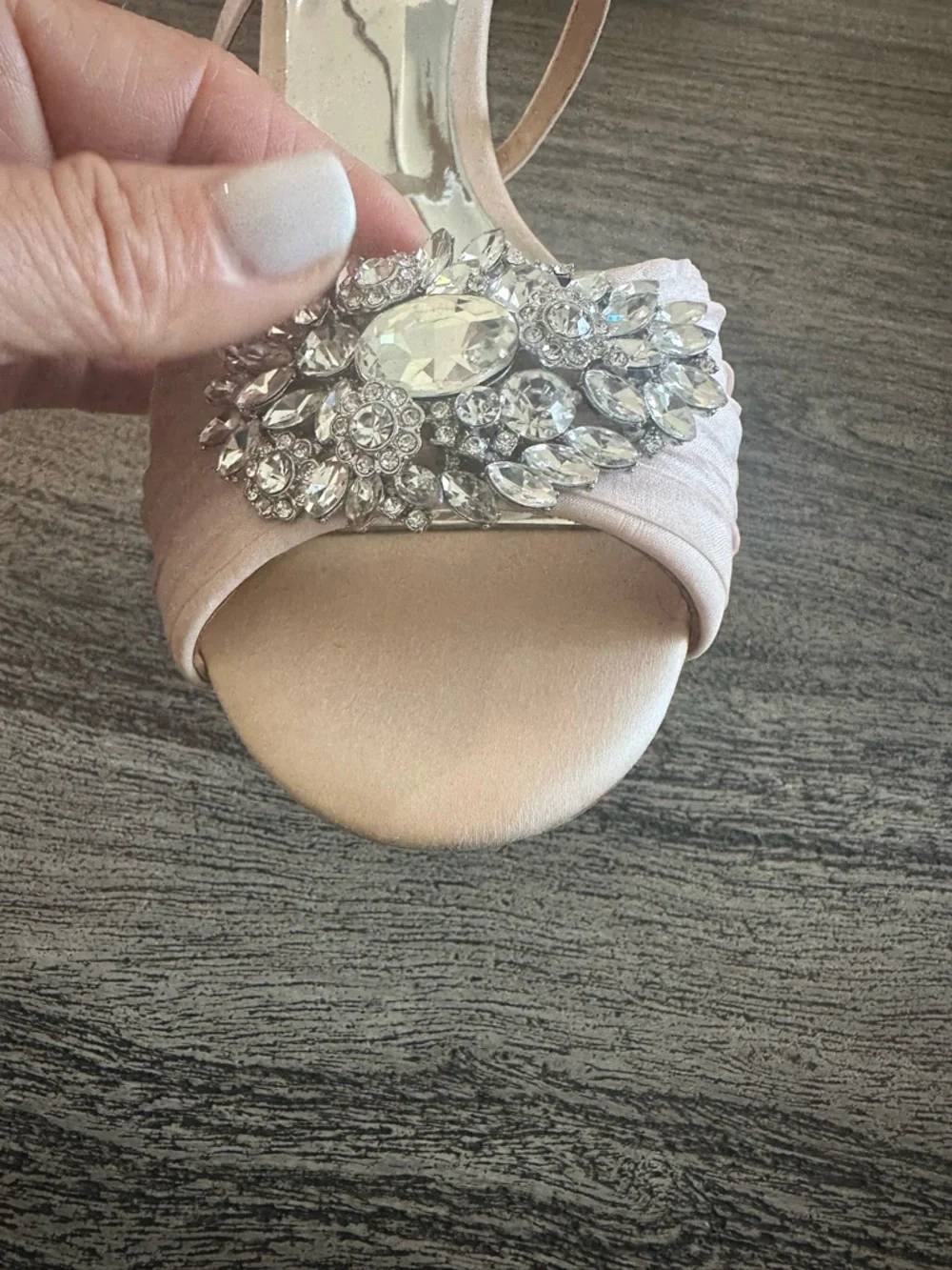 Badgley Mischka Rose Gold Satin Wedge Sandal with Crystal Accent - Picture 6 of 11
